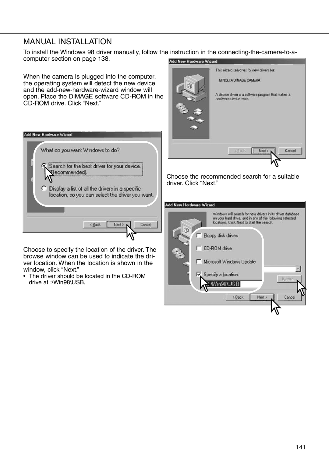 Minolta 7i instruction manual Manual Installation 