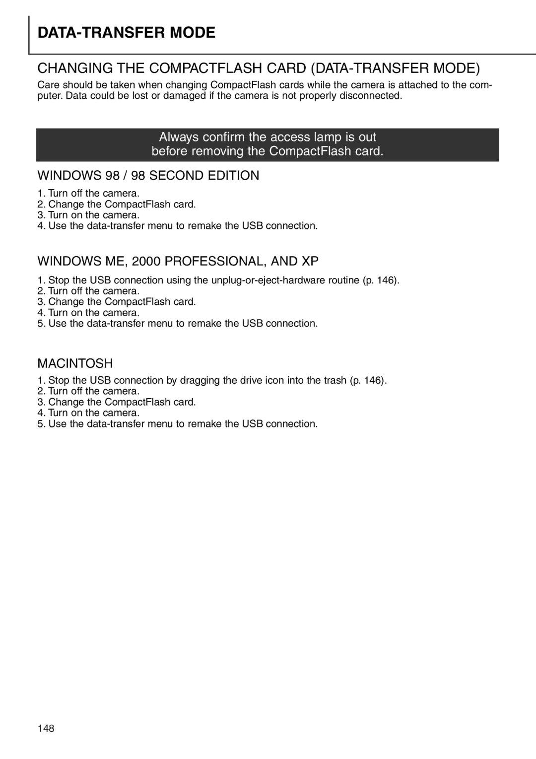 Minolta 7i instruction manual Changing the Compactflash Card DATA-TRANSFER Mode 