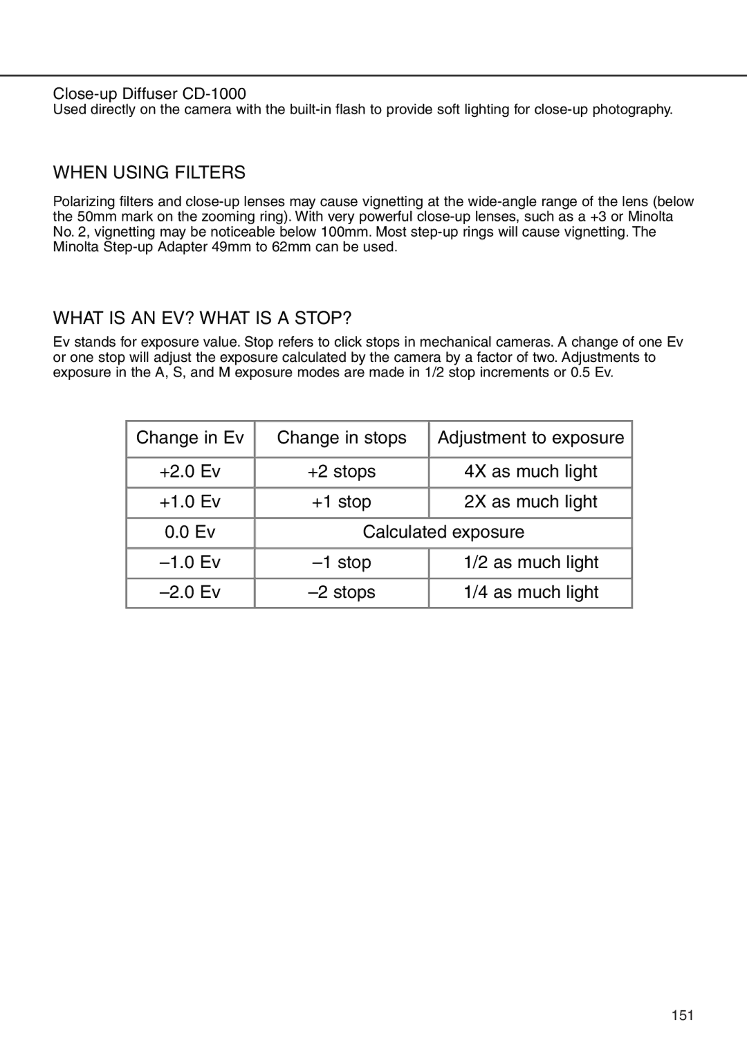 Minolta 7i instruction manual When Using Filters, What is AN EV? What is a STOP? 