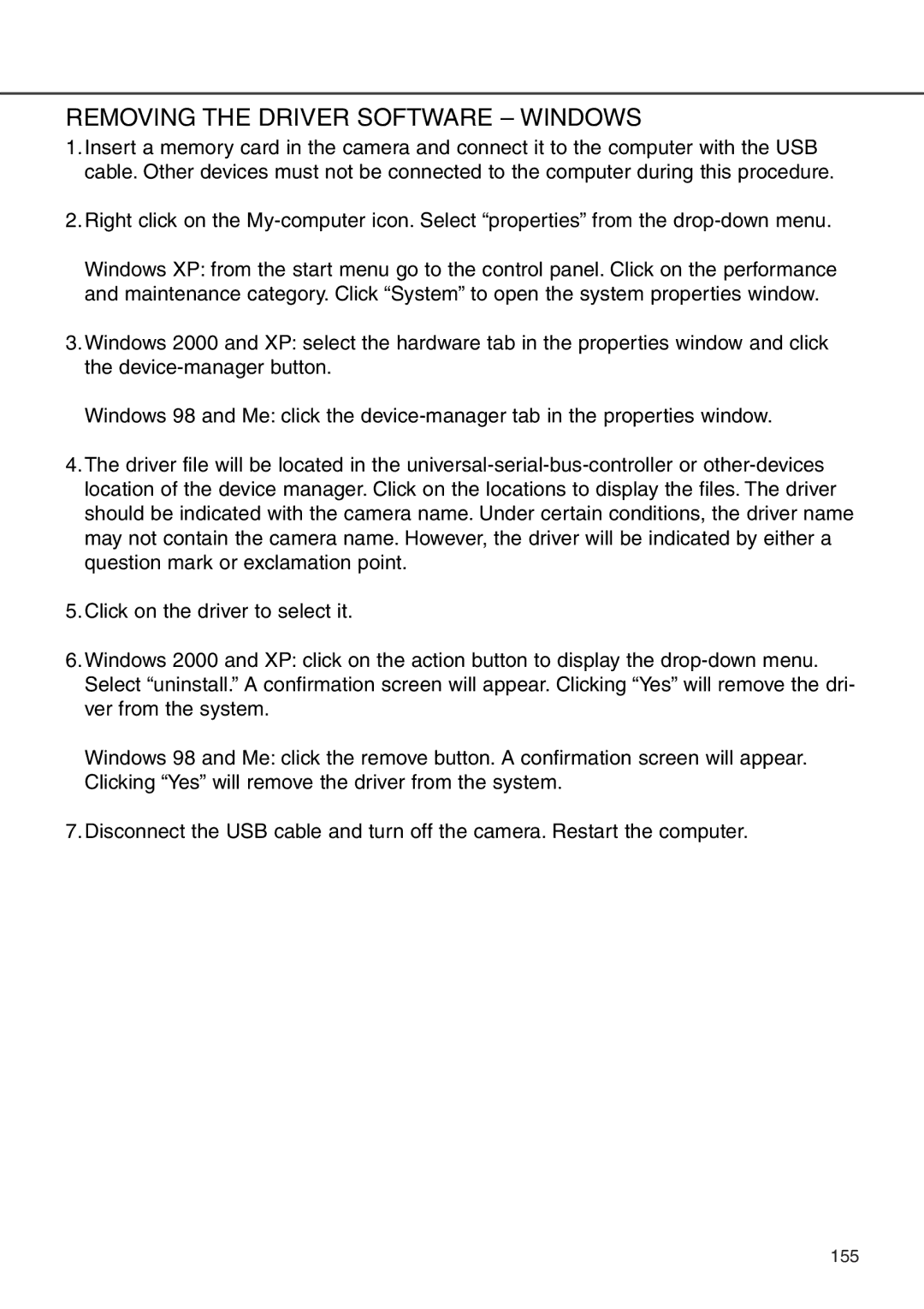 Minolta 7i instruction manual Removing the Driver Software Windows 