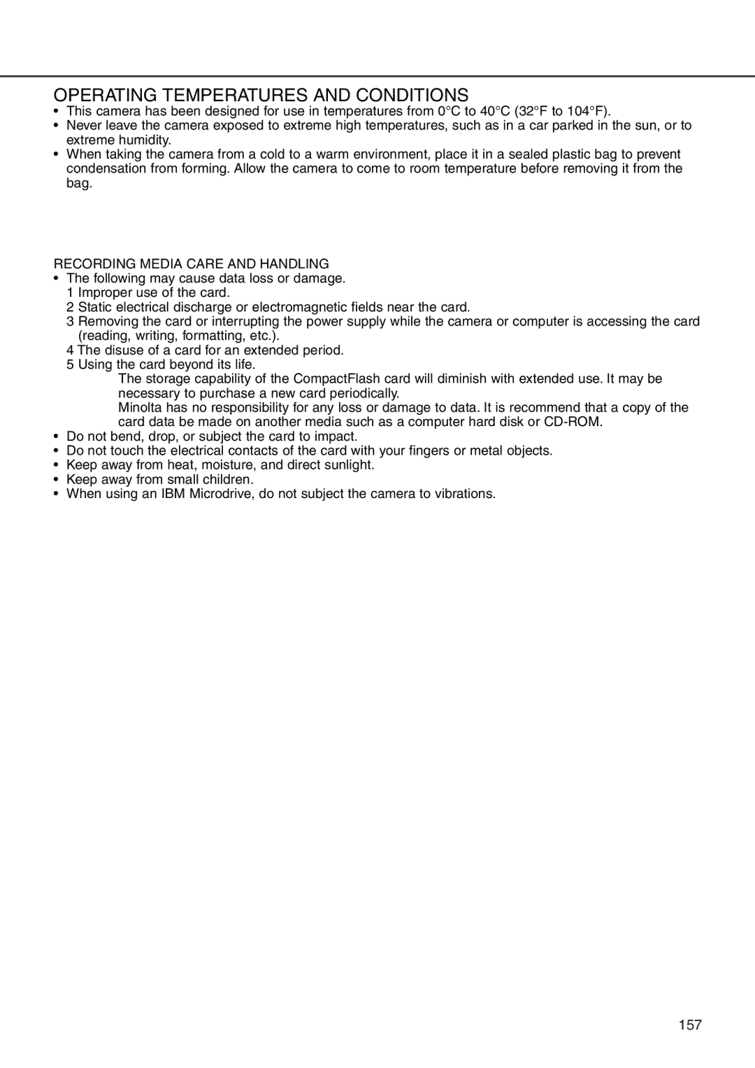 Minolta 7i instruction manual Operating Temperatures and Conditions, Recording Media Care and Handling 