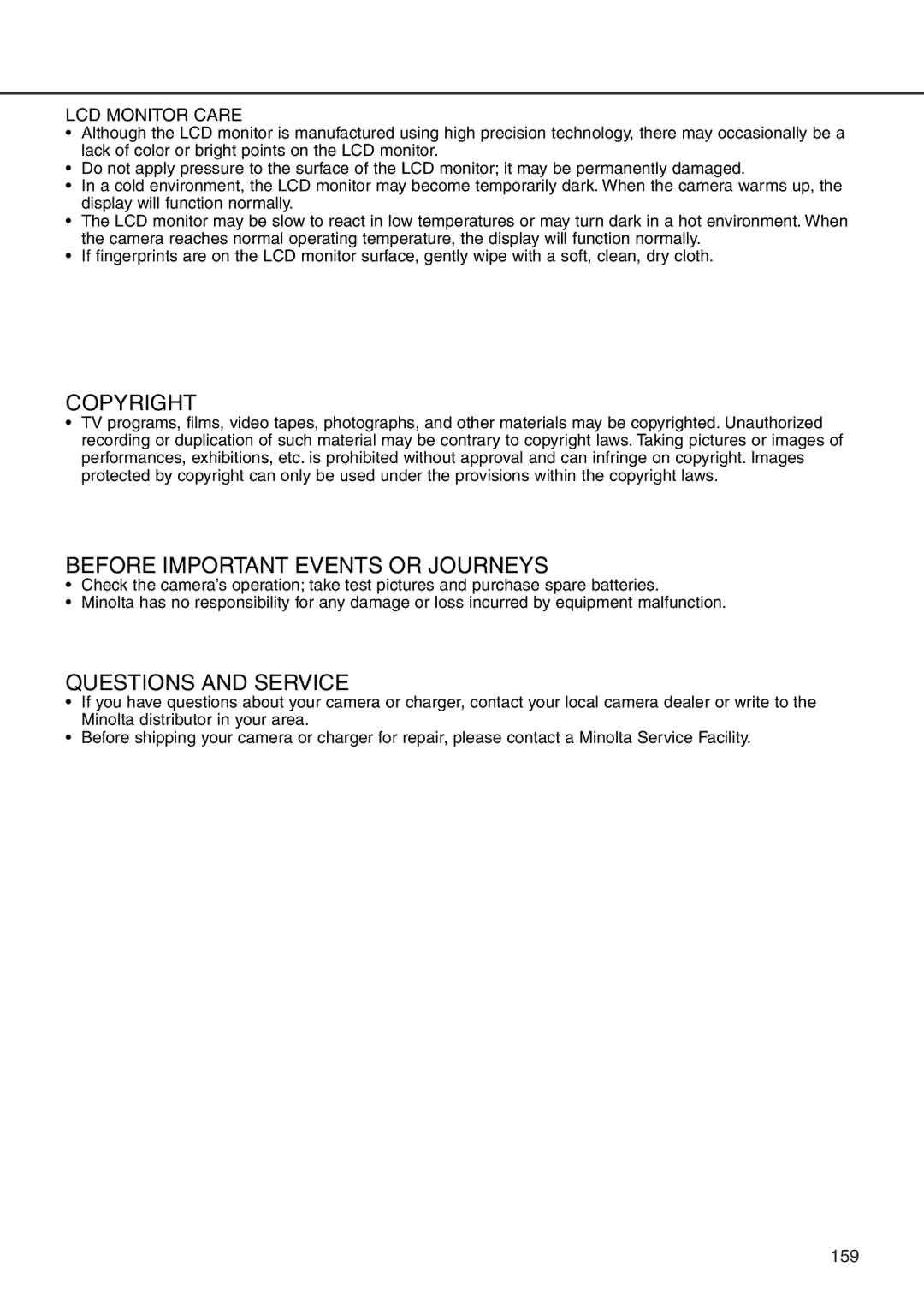 Minolta 7i instruction manual Copyright, Before Important Events or Journeys, Questions and Service 