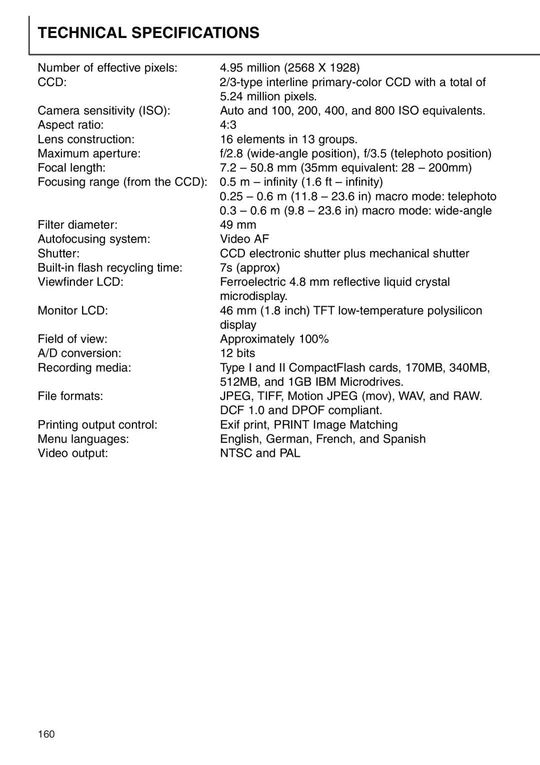 Minolta 7i instruction manual Technical Specifications, Ccd 