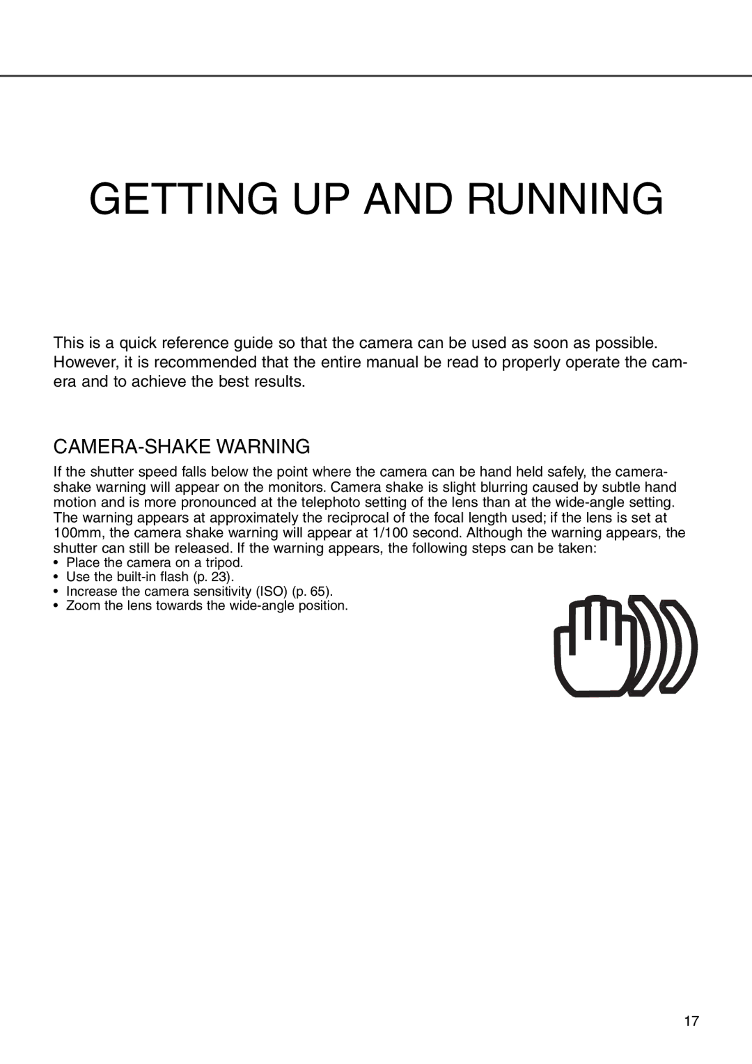 Minolta 7i instruction manual Getting UP and Running, CAMERA-SHAKE Warning 