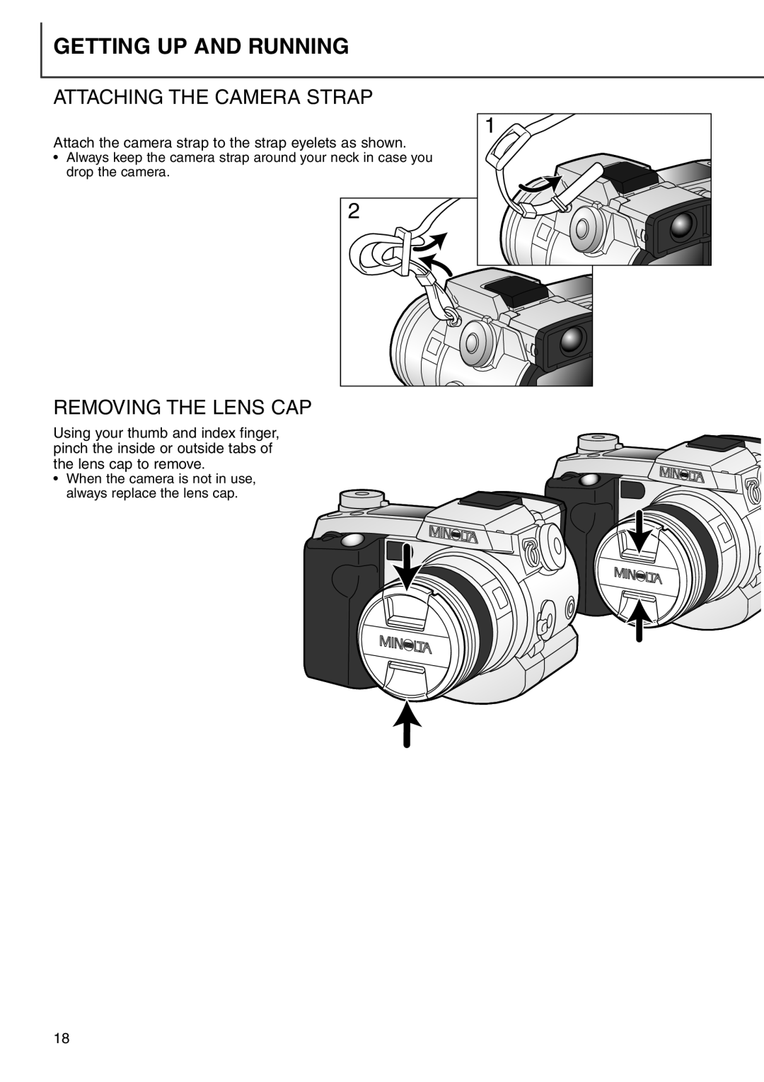 Minolta 7i instruction manual Getting UP and Running, Attaching the Camera Strap, Removing the Lens CAP 