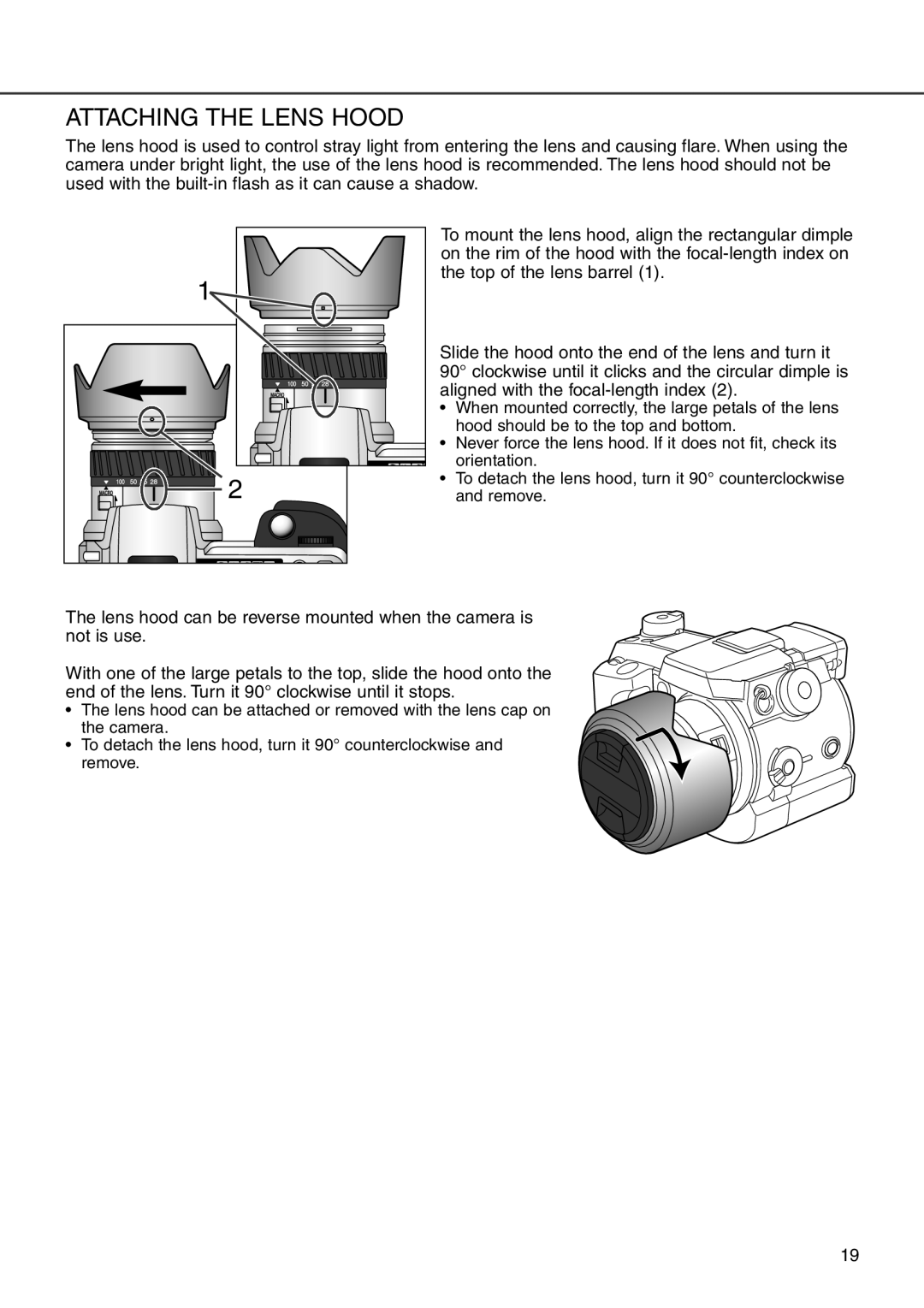 Minolta 7i instruction manual Attaching the Lens Hood 