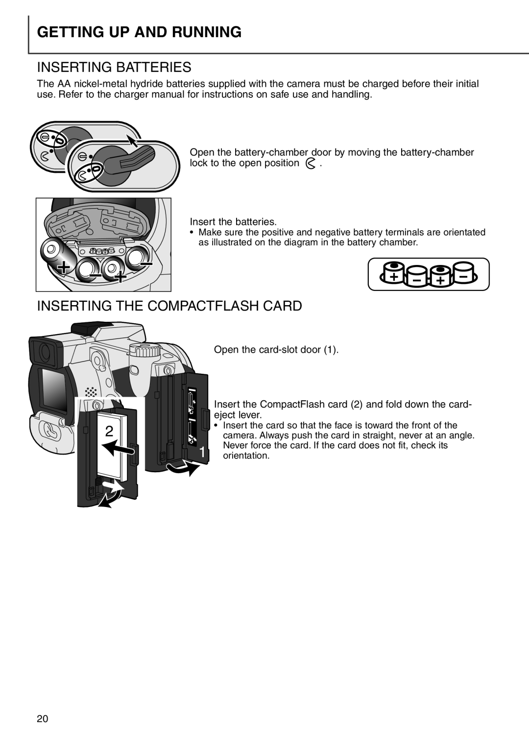 Minolta 7i instruction manual Inserting Batteries, Inserting the Compactflash Card 