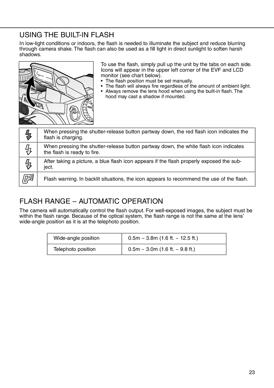 Minolta 7i instruction manual Using the BUILT-IN Flash, Flash Range Automatic Operation 