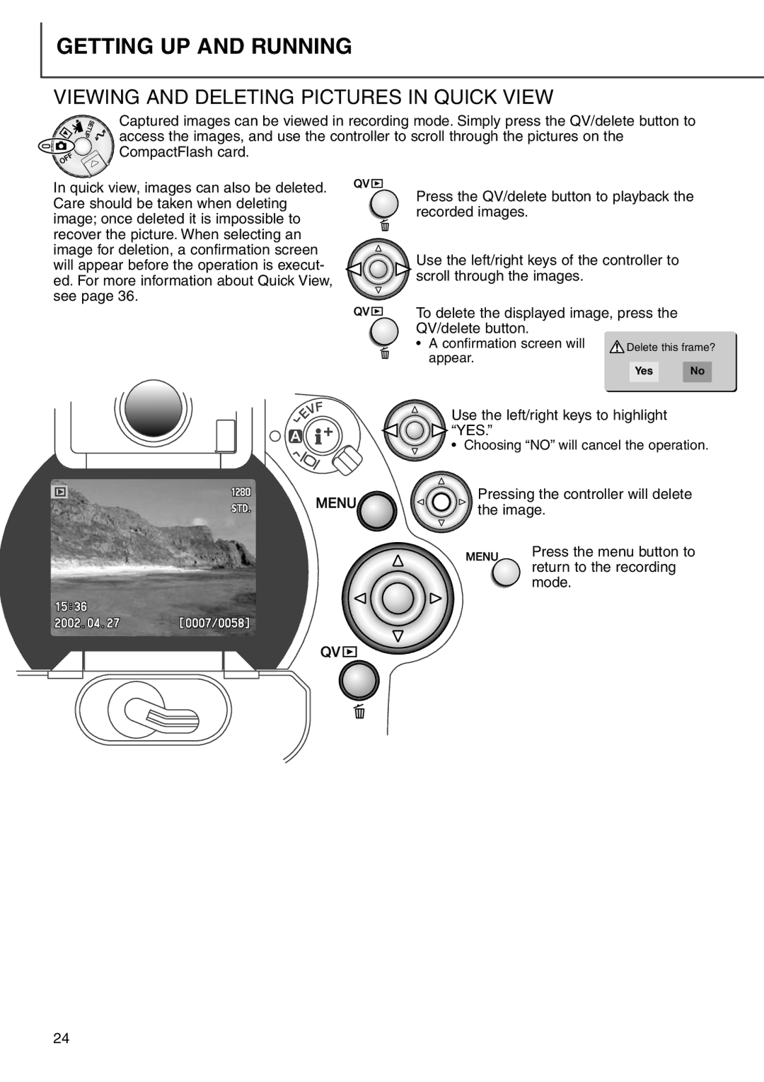 Minolta 7i instruction manual Viewing and Deleting Pictures in Quick View 