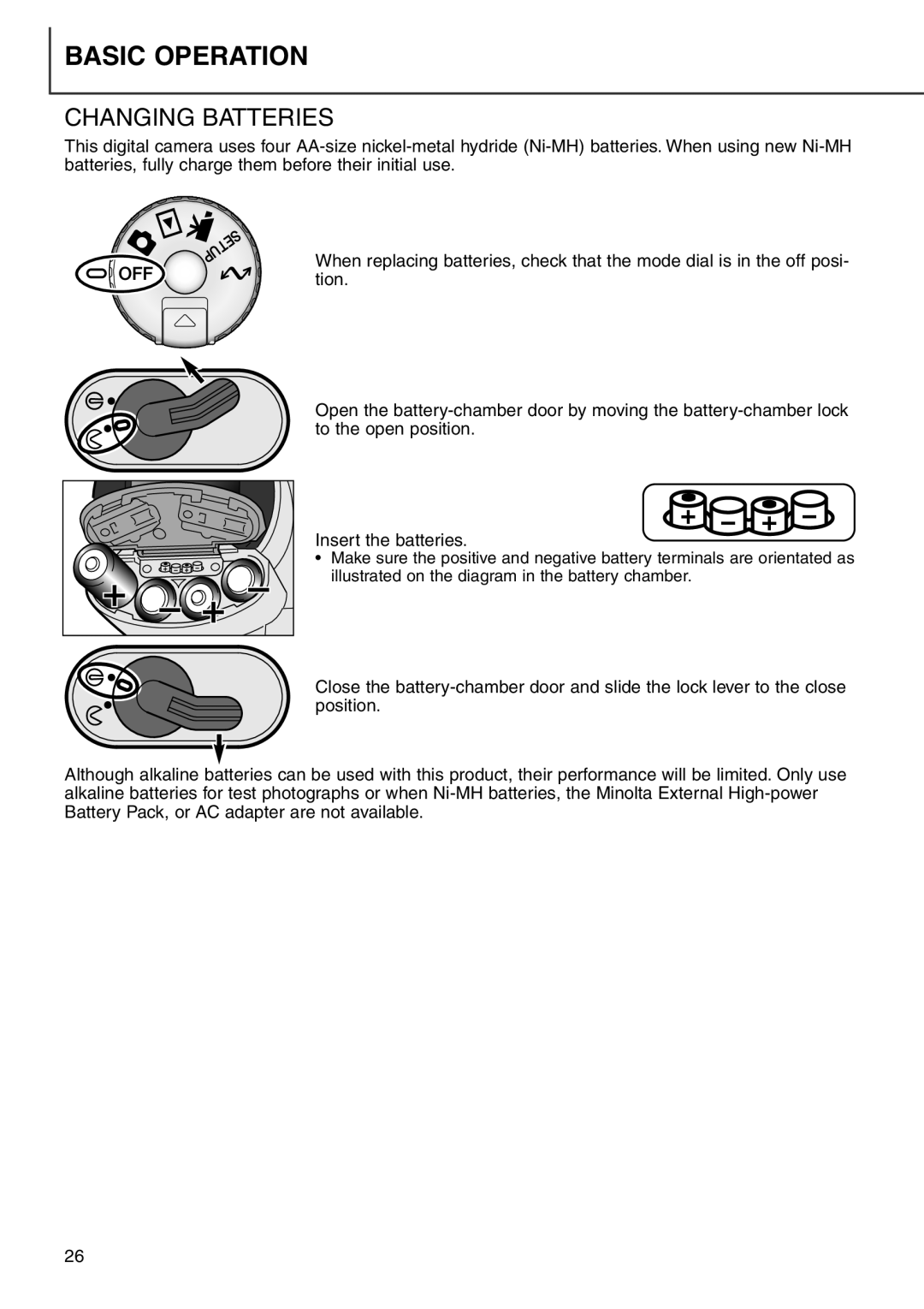 Minolta 7i instruction manual Basic Operation, Changing Batteries 