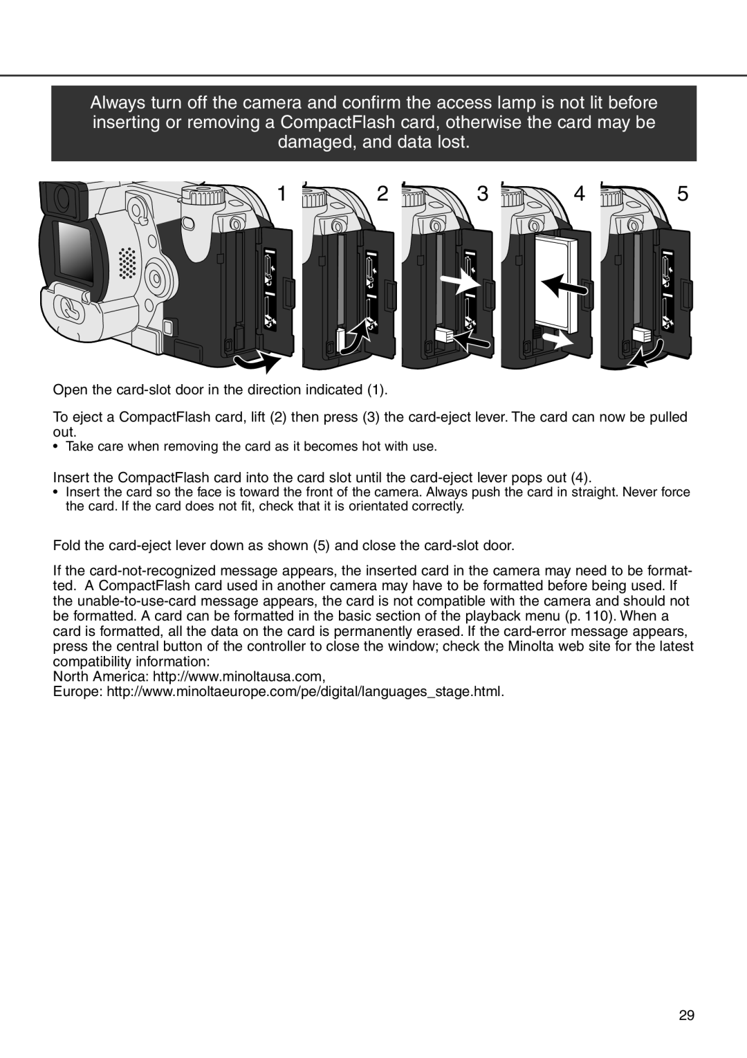 Minolta 7i instruction manual Take care when removing the card as it becomes hot with use 