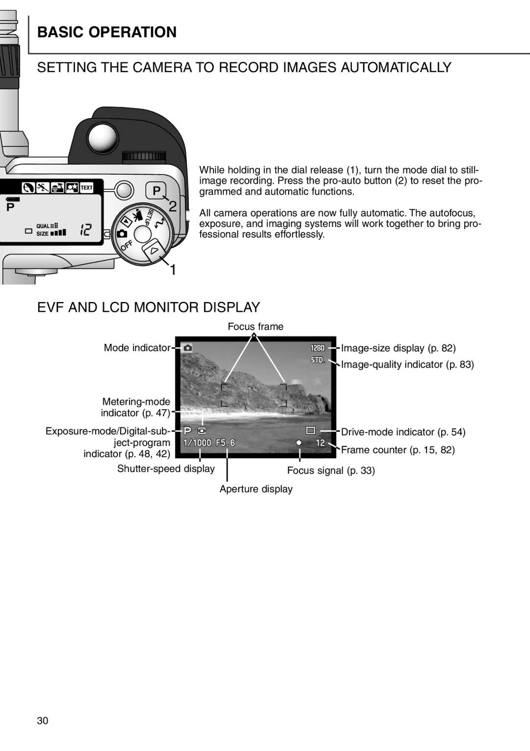 Minolta 7i instruction manual Setting the Camera to Record Images Automatically, EVF and LCD Monitor Display 