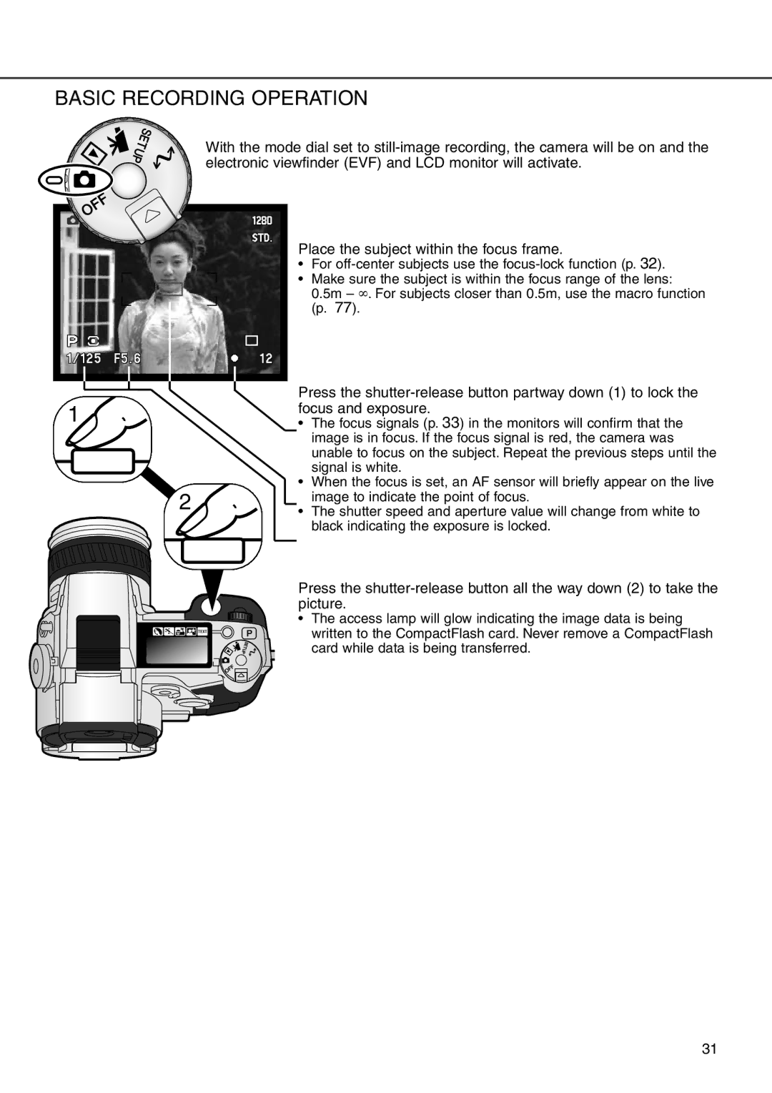 Minolta 7i instruction manual Basic Recording Operation, For off-center subjects use the focus-lock function p 