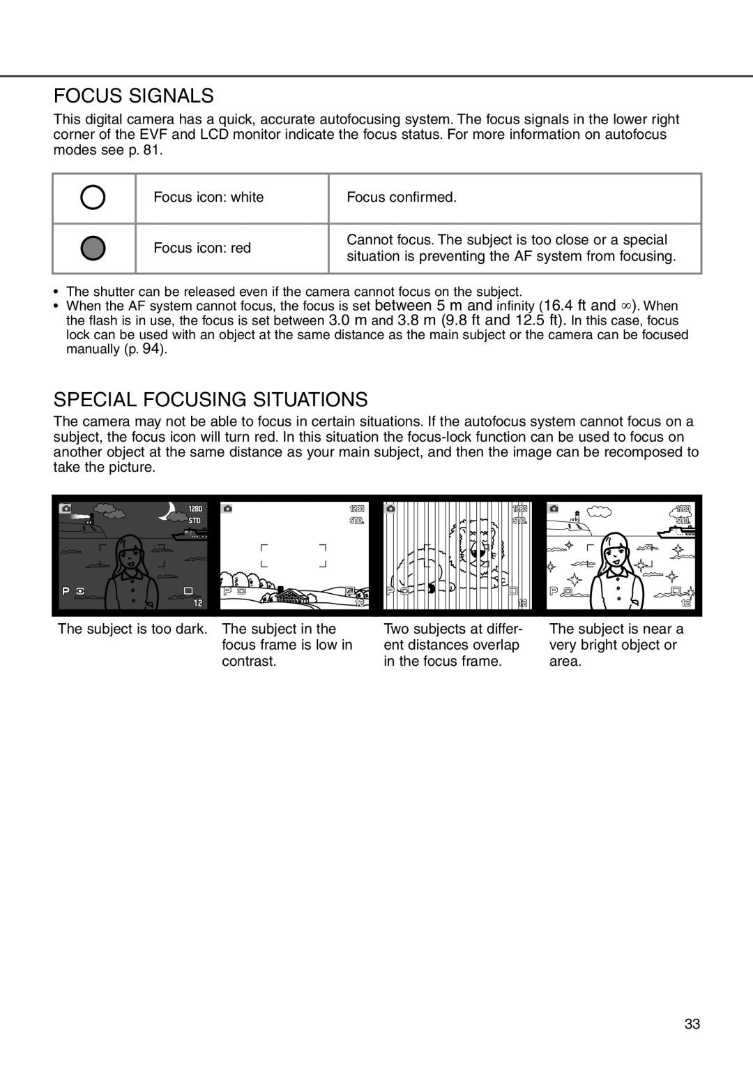 Minolta 7i instruction manual Focus Signals, Special Focusing Situations 