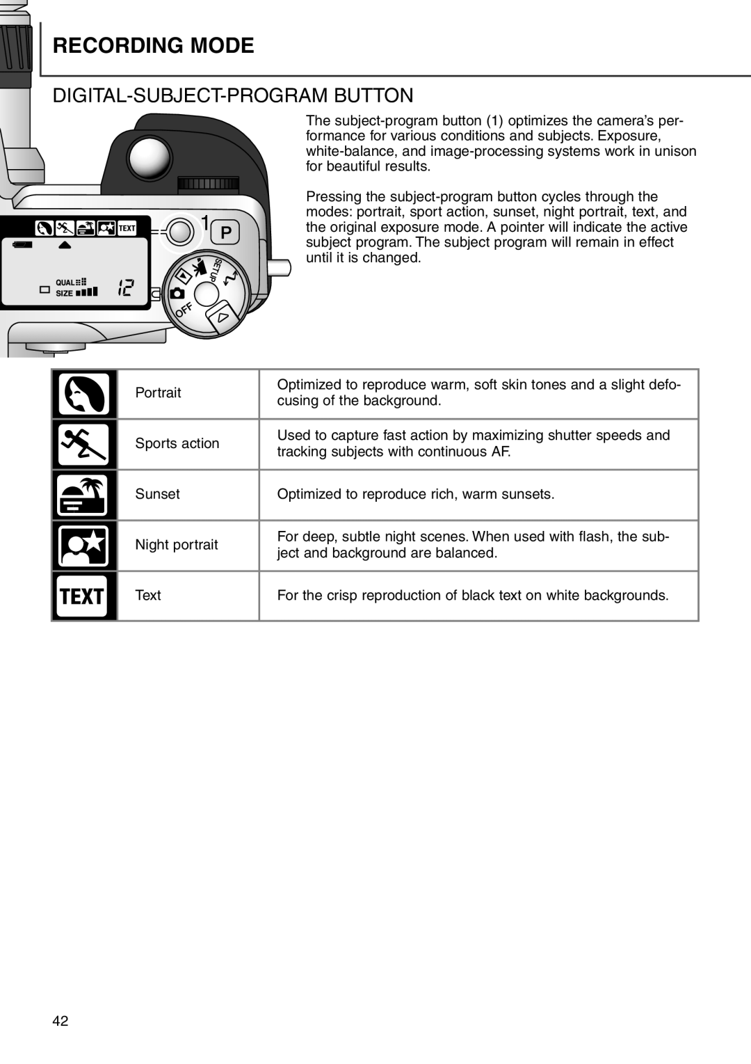 Minolta 7i instruction manual Recording Mode, DIGITAL-SUBJECT-PROGRAM Button 