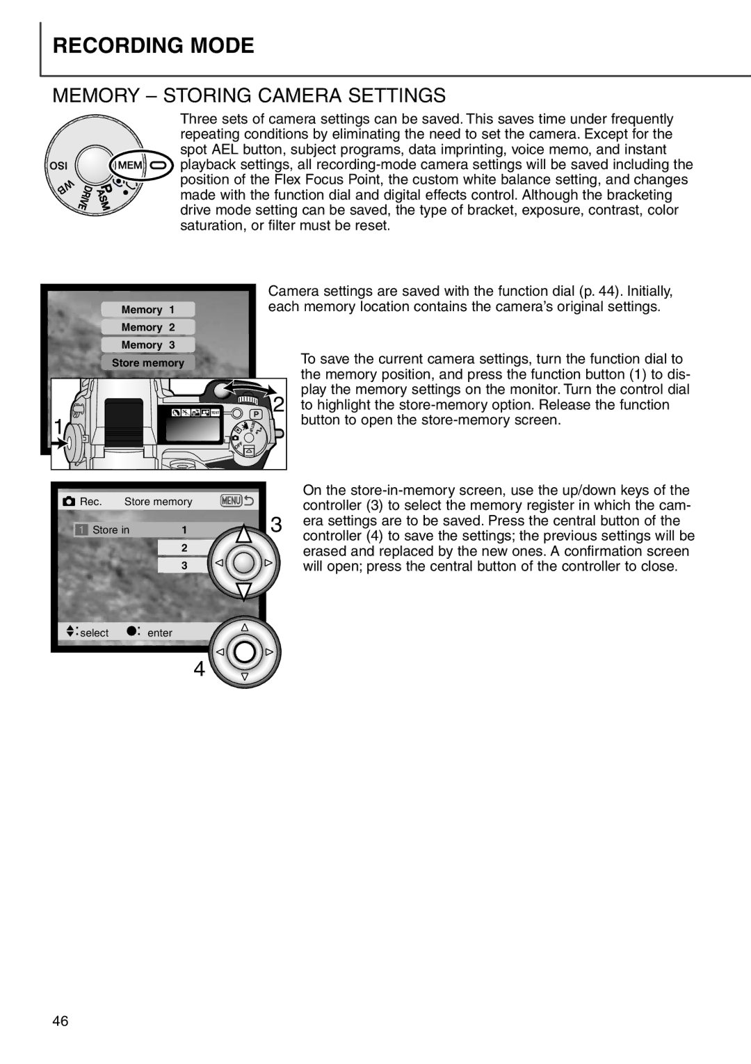 Minolta 7i instruction manual Memory Storing Camera Settings, Button to open the store-memory screen 