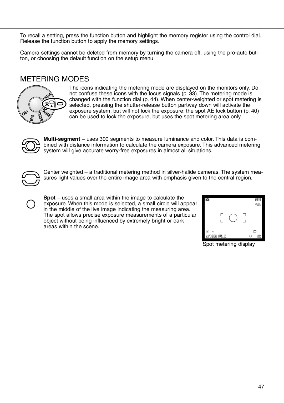 Minolta 7i instruction manual Metering Modes 