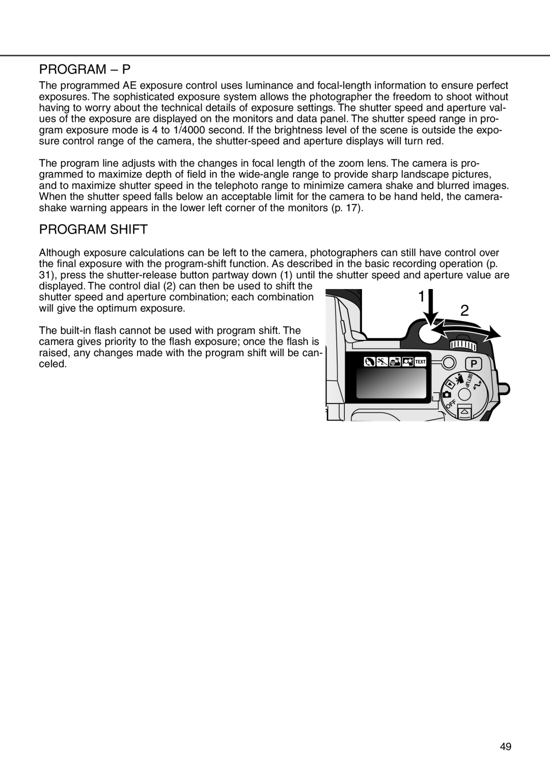 Minolta 7i instruction manual Program P, Program Shift 