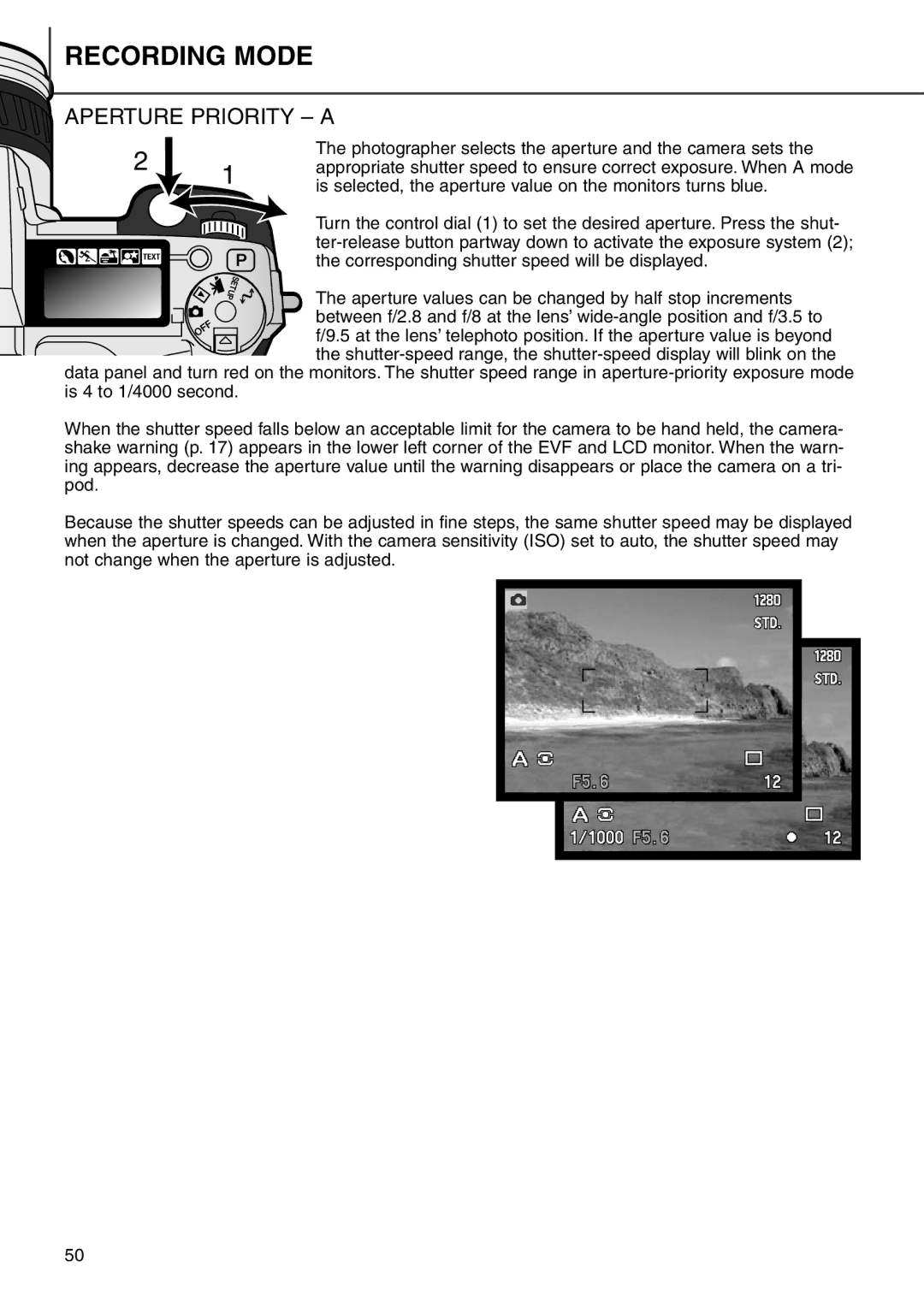 Minolta 7i instruction manual Aperture Priority a 