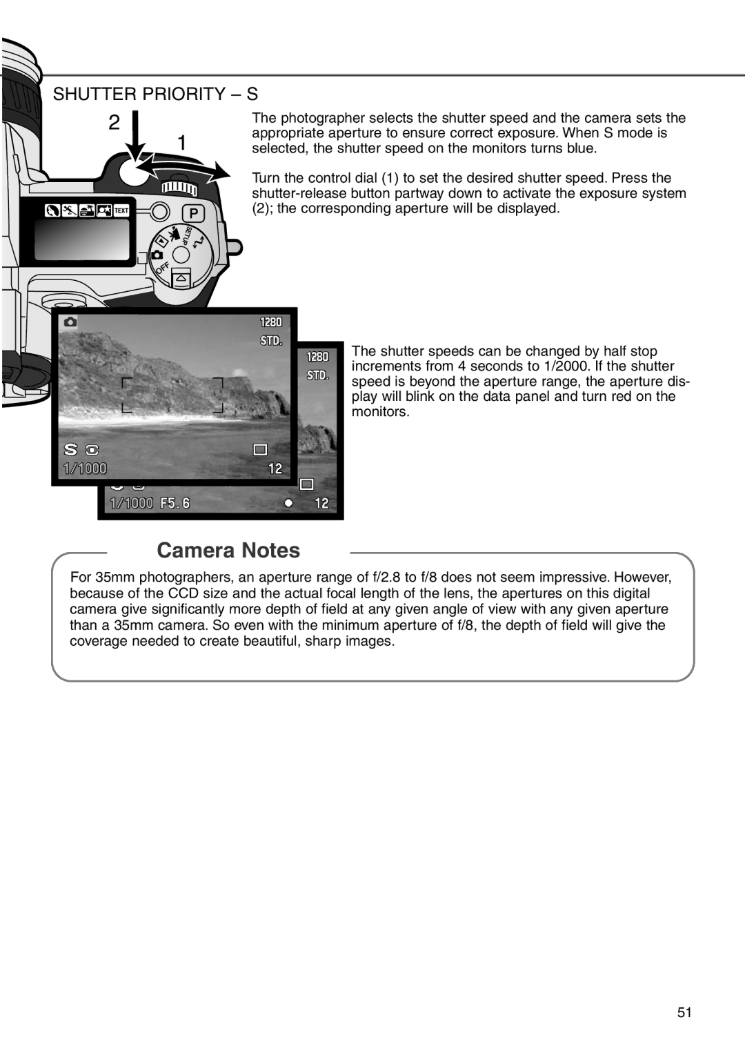 Minolta 7i instruction manual Camera Notes, Shutter Priority S 