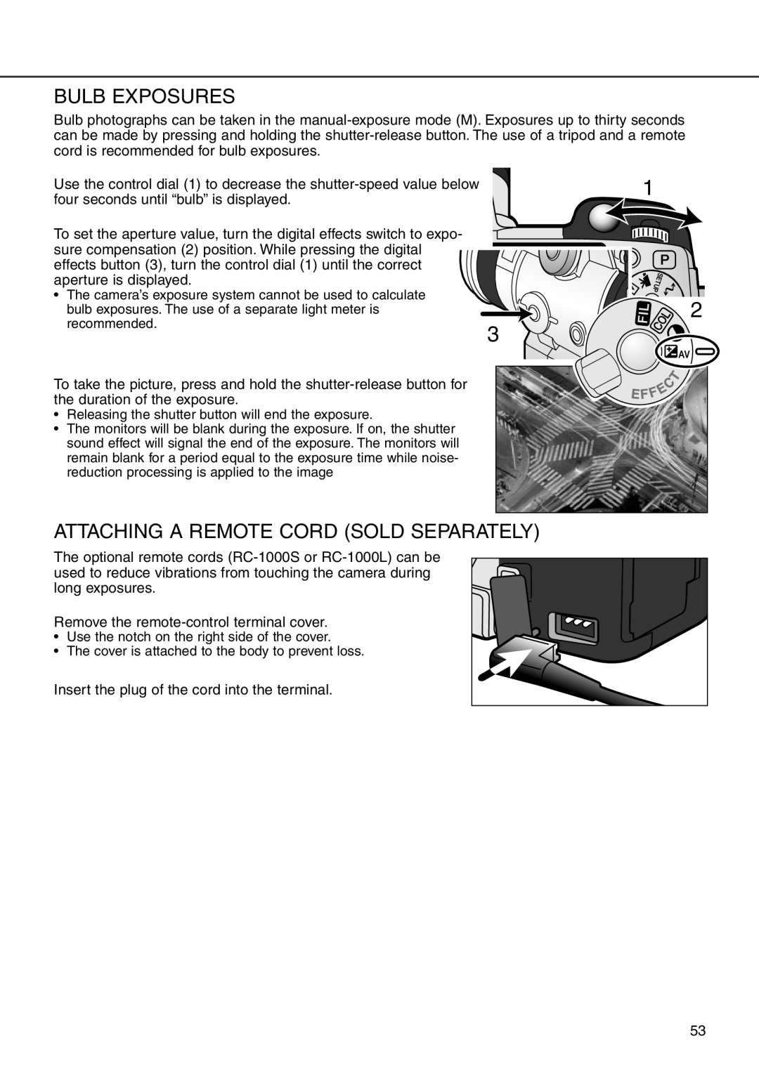 Minolta 7i instruction manual Bulb Exposures, Attaching a Remote Cord Sold Separately 