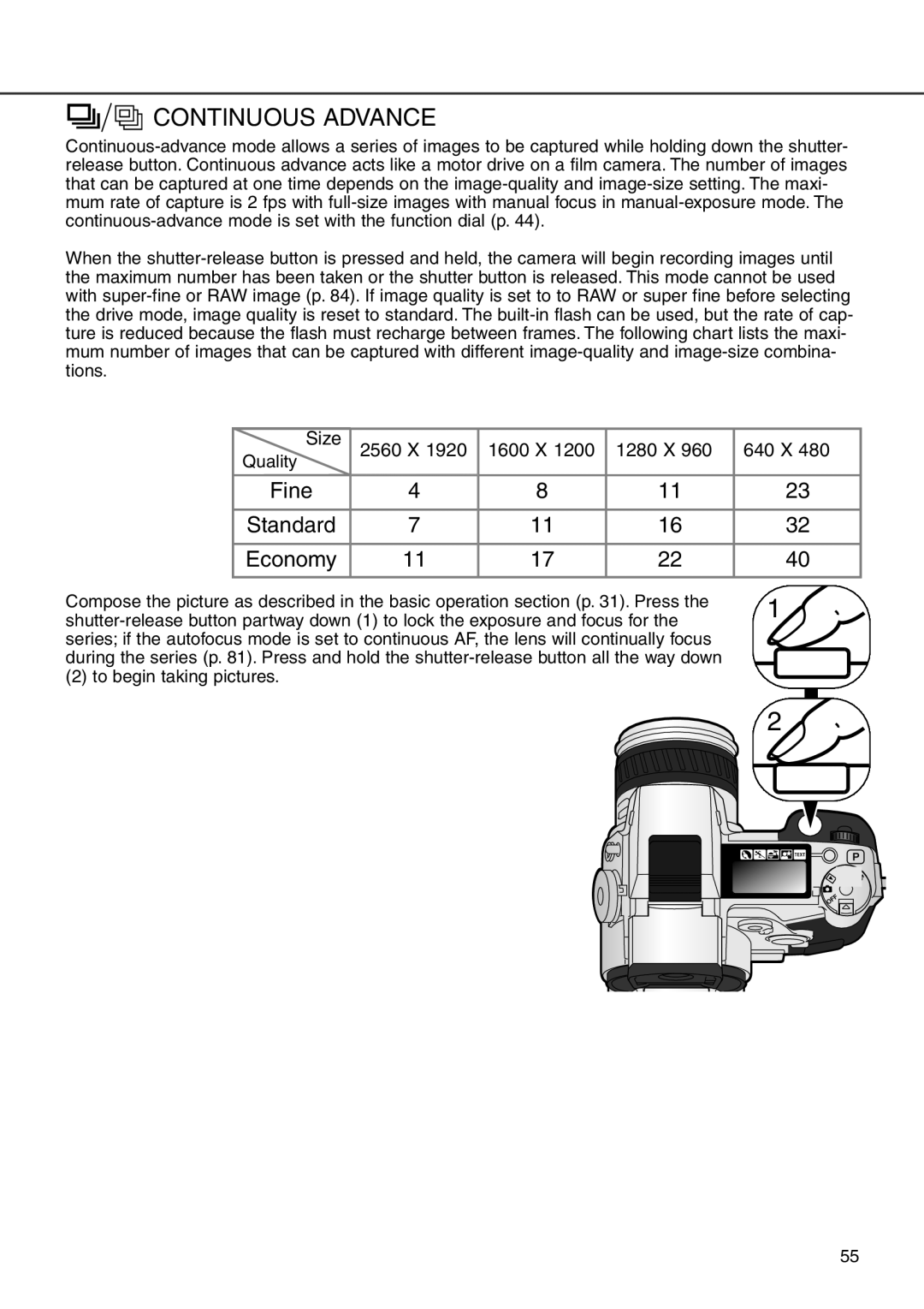 Minolta 7i instruction manual Continuous Advance, Fine Standard Economy 