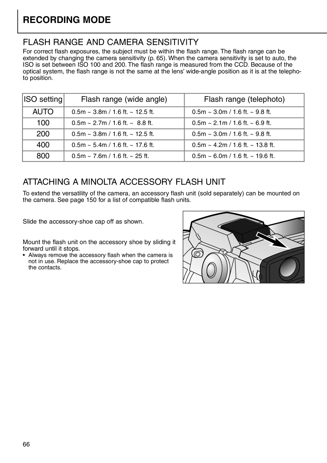 Minolta 7i instruction manual Flash Range and Camera Sensitivity, Attaching a Minolta Accessory Flash Unit, Auto 