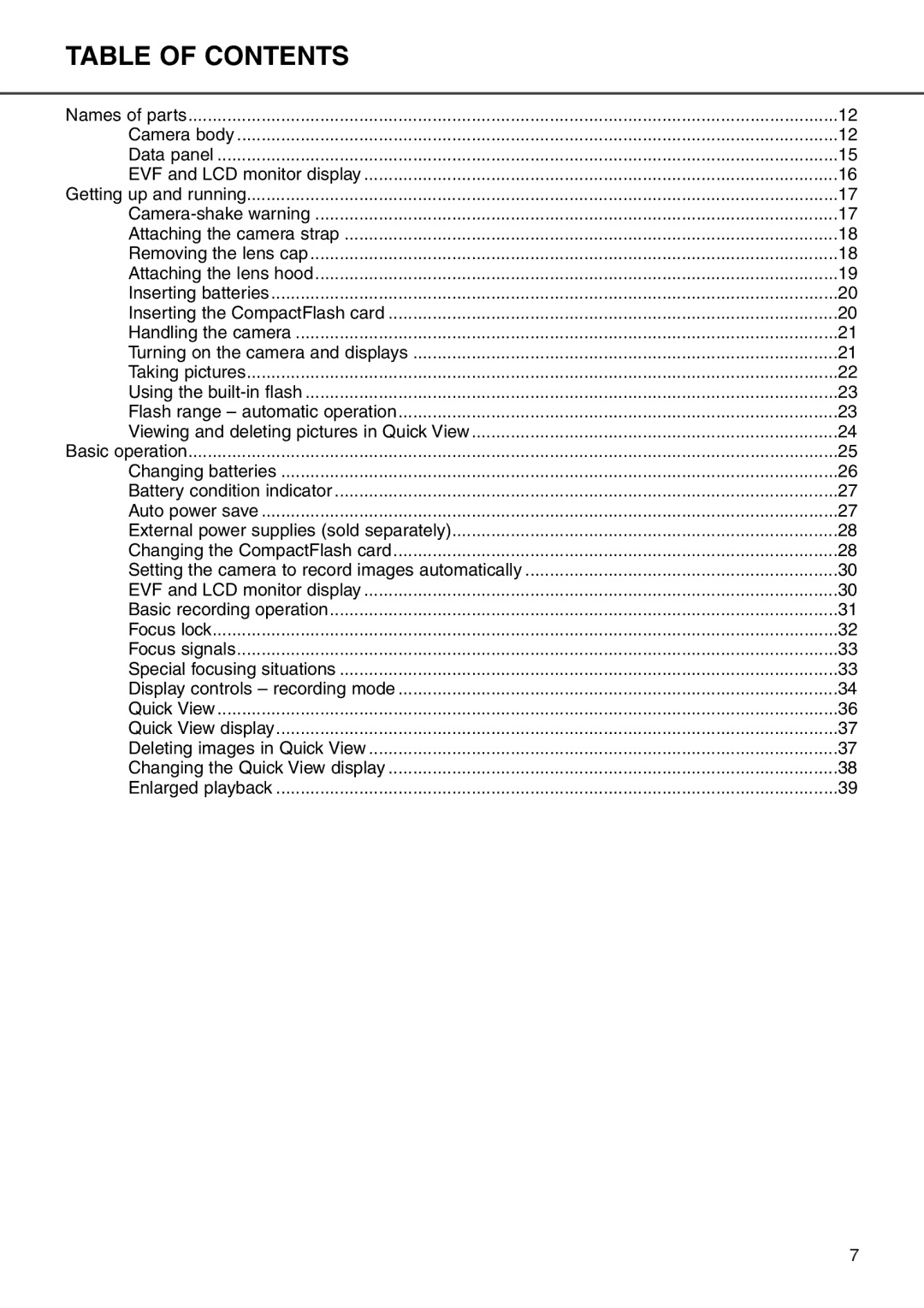 Minolta 7i instruction manual Table of Contents 