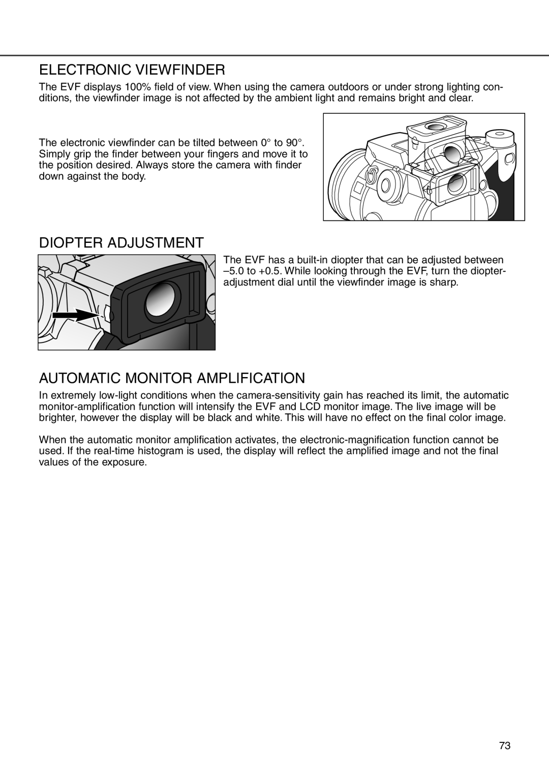 Minolta 7i instruction manual Electronic Viewfinder, Diopter Adjustment, Automatic Monitor Amplification 