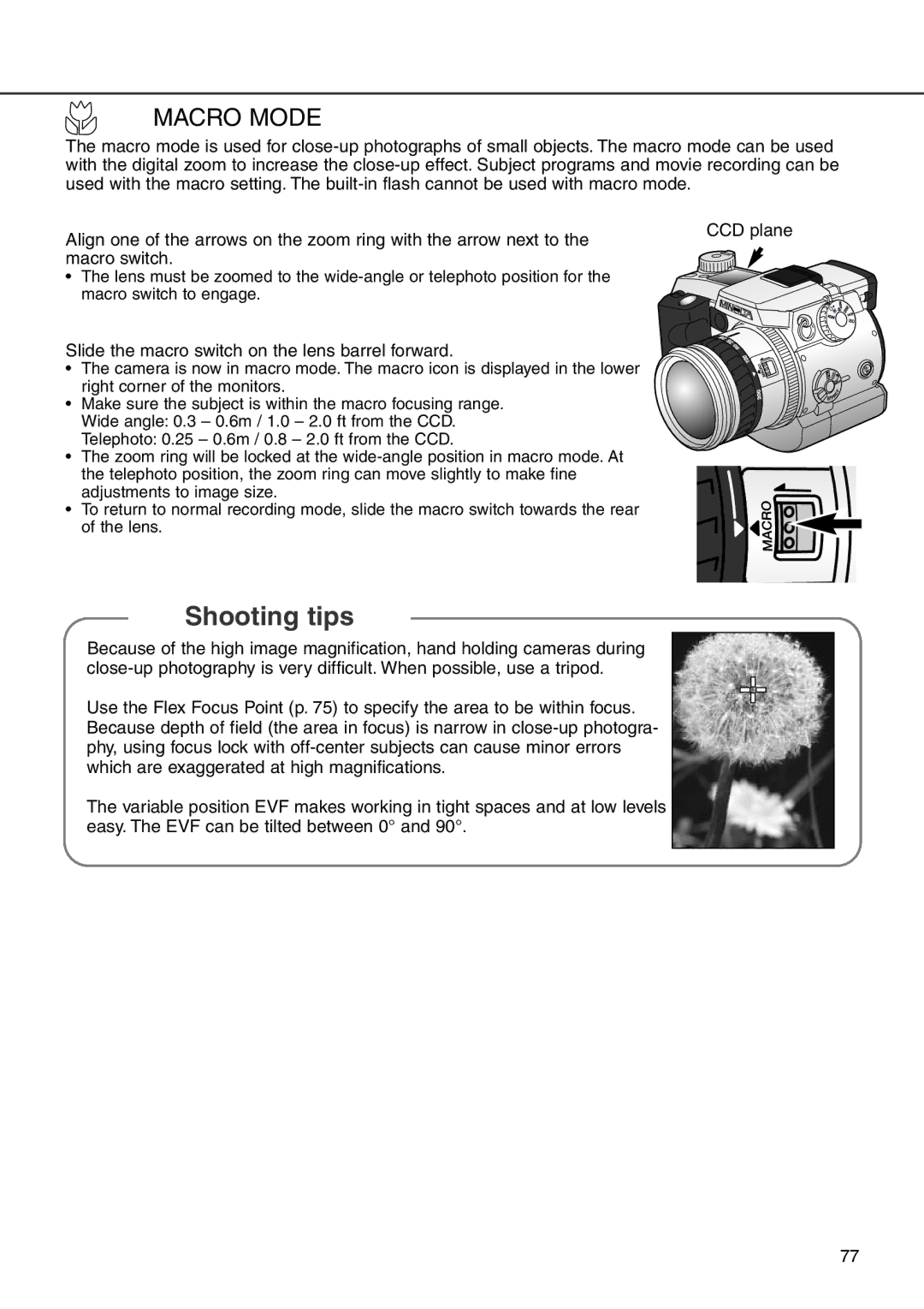 Minolta 7i instruction manual Macro Mode, Slide the macro switch on the lens barrel forward 