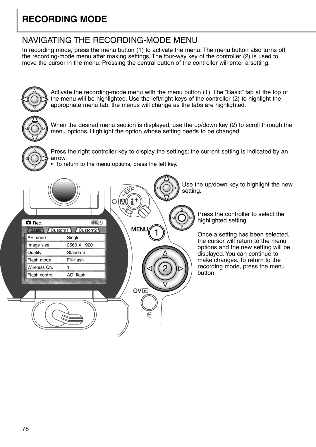 Minolta 7i instruction manual Navigating the RECORDING-MODE Menu, To return to the menu options, press the left key 