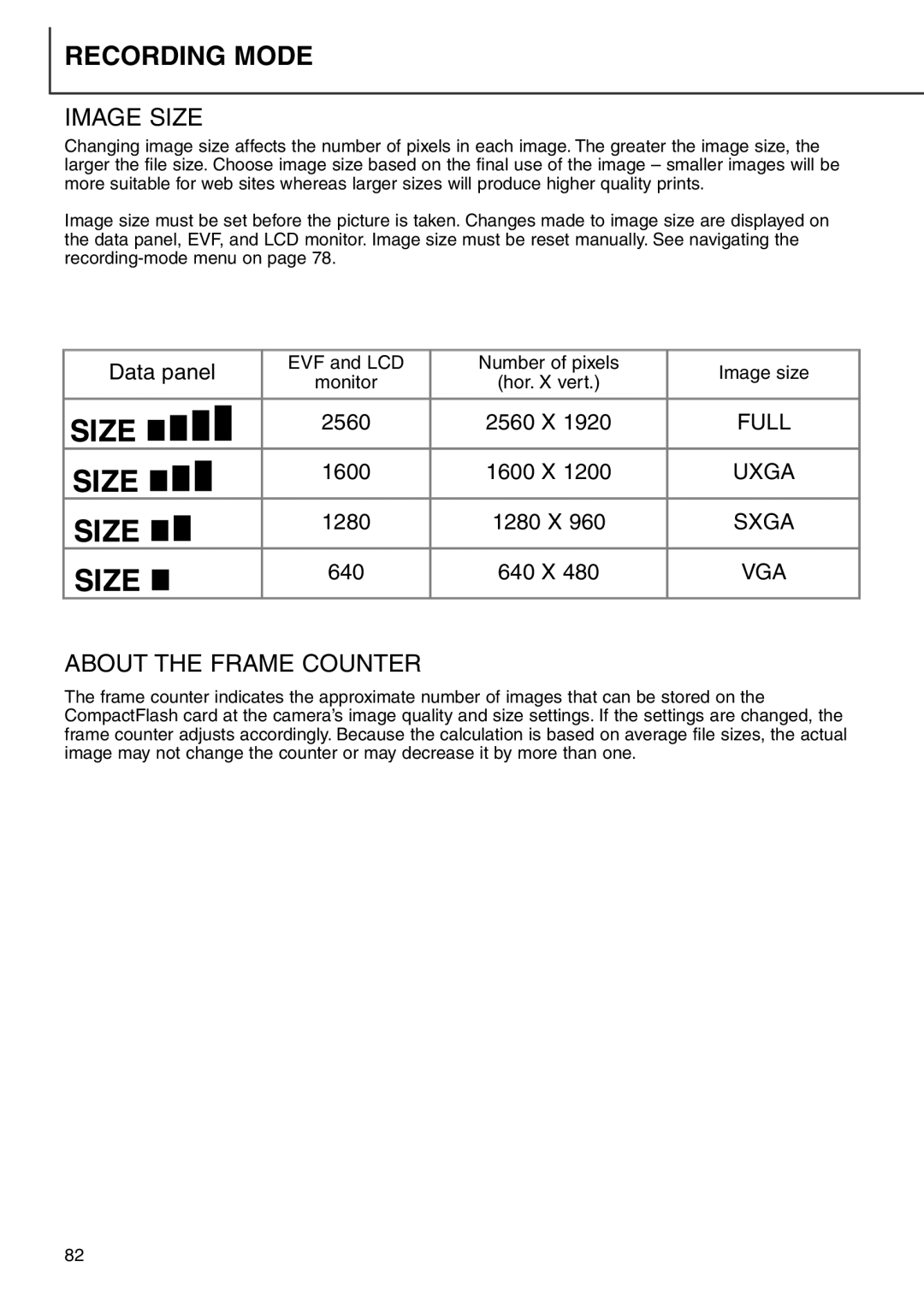 Minolta 7i instruction manual Image Size, About the Frame Counter 