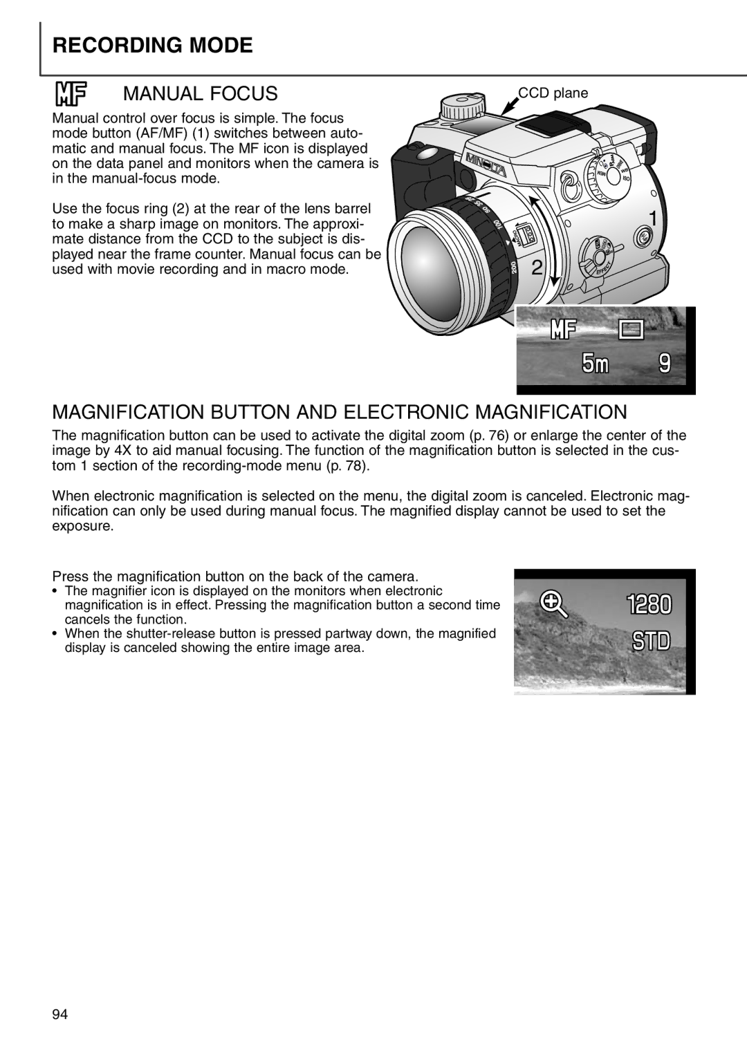 Minolta 7i instruction manual Manual Focus, Magnification Button and Electronic Magnification 