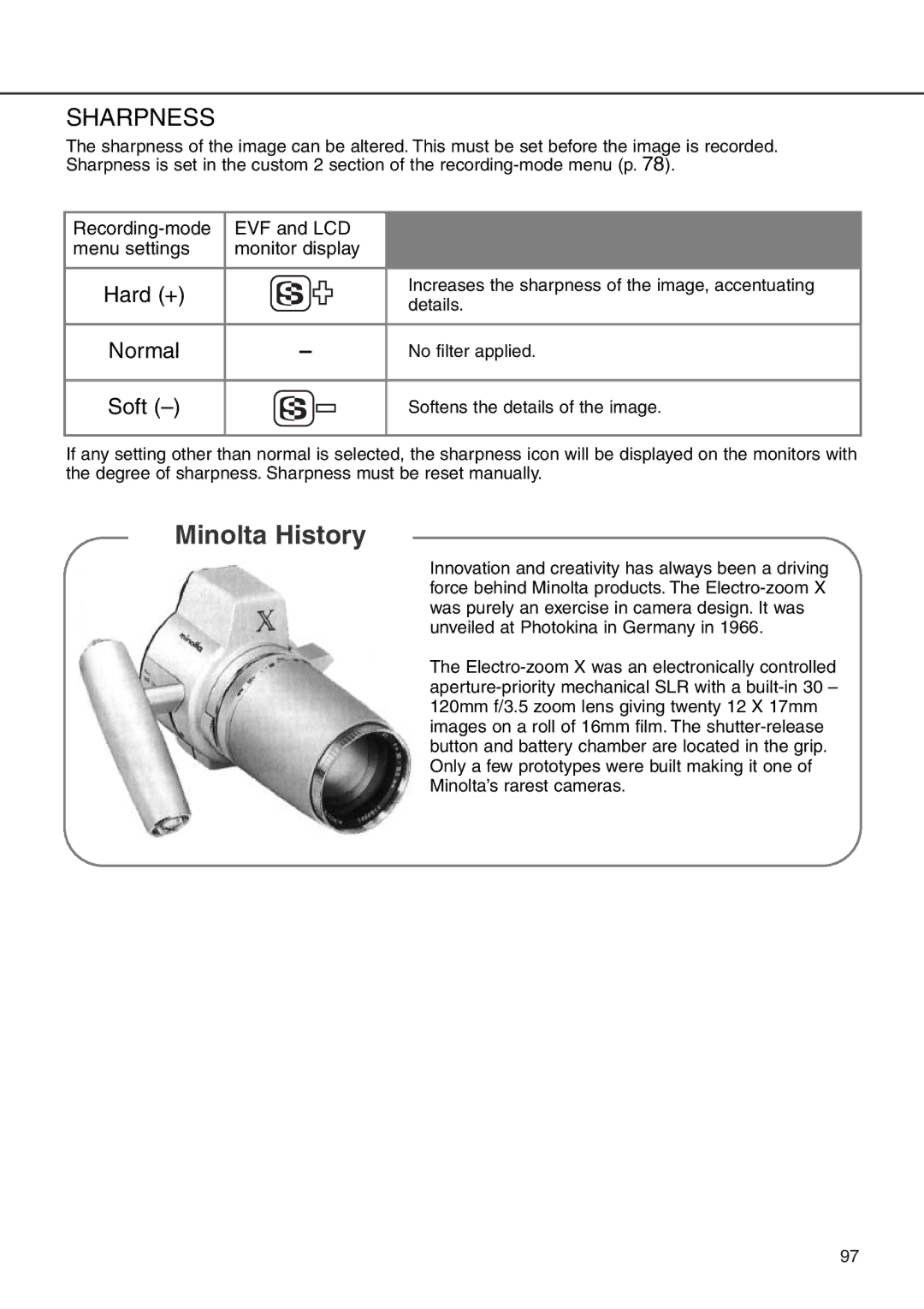 Minolta 7i instruction manual Sharpness, Soft 