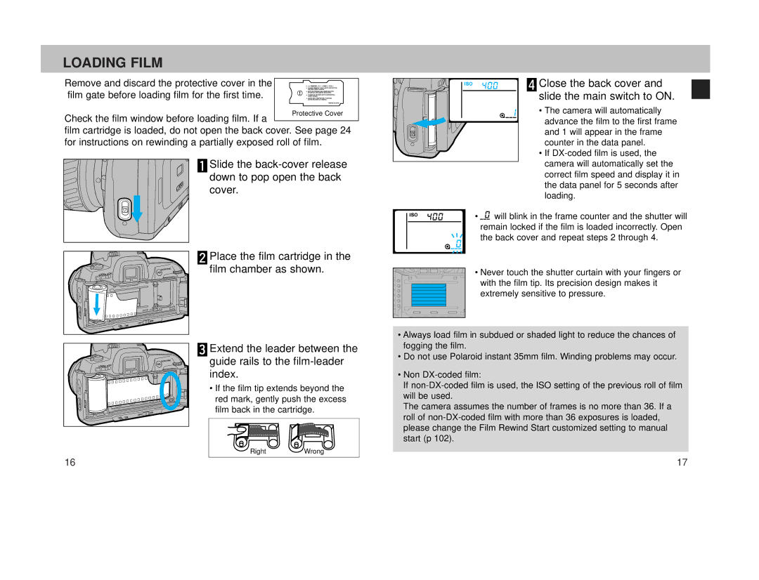 Minolta 800si instruction manual Loading Film, Close the back cover and slide the main switch to on 