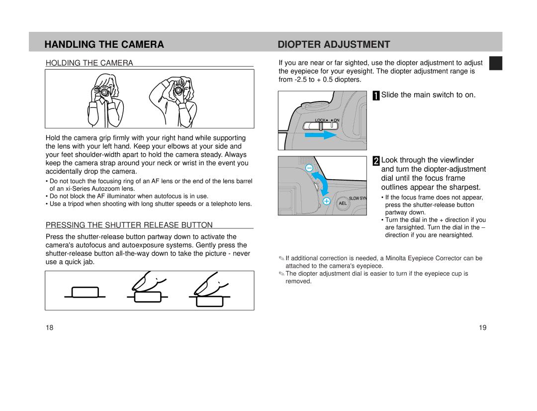 Minolta 800si Handling the Camera, Diopter Adjustment, Holding the Camera, Pressing the Shutter Release Button 