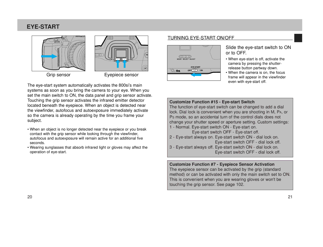 Minolta 800si Eye-Start, Grip sensor, Turning EYE-START ON/OFF, Slide the eye-start switch to on or to OFF 