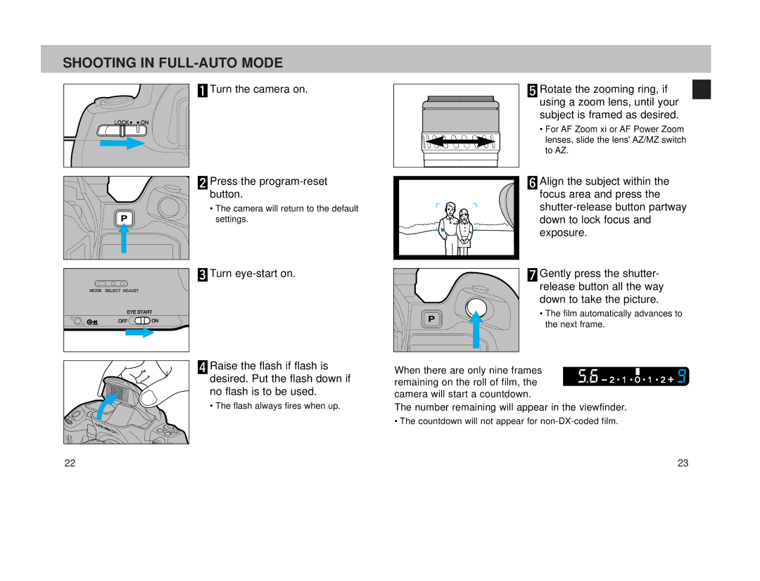 Minolta 800si instruction manual Shooting in FULL-AUTO Mode, Turn the camera on Press the program-reset button 