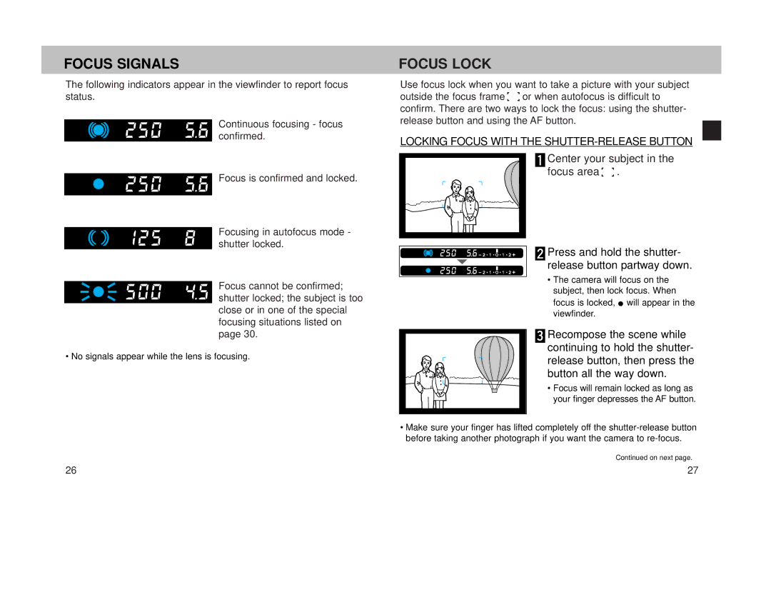 Minolta 800si instruction manual Focus Signals, Focus Lock, Locking Focus with the SHUTTER-RELEASE Button 