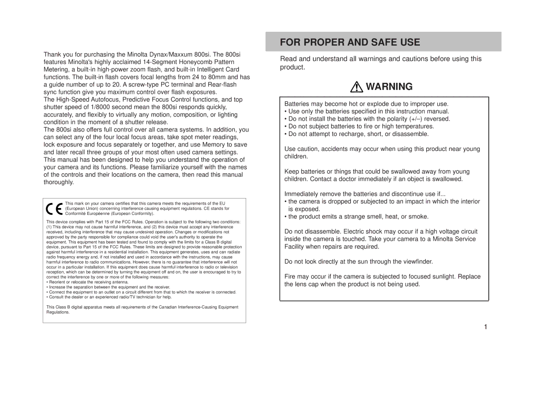 Minolta 800si instruction manual For Proper and Safe USE 