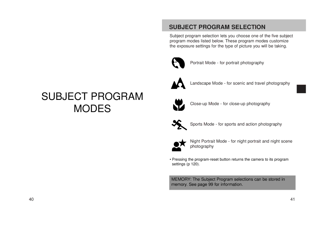 Minolta 800si instruction manual Subject Program Modes, Subject Program Selection 