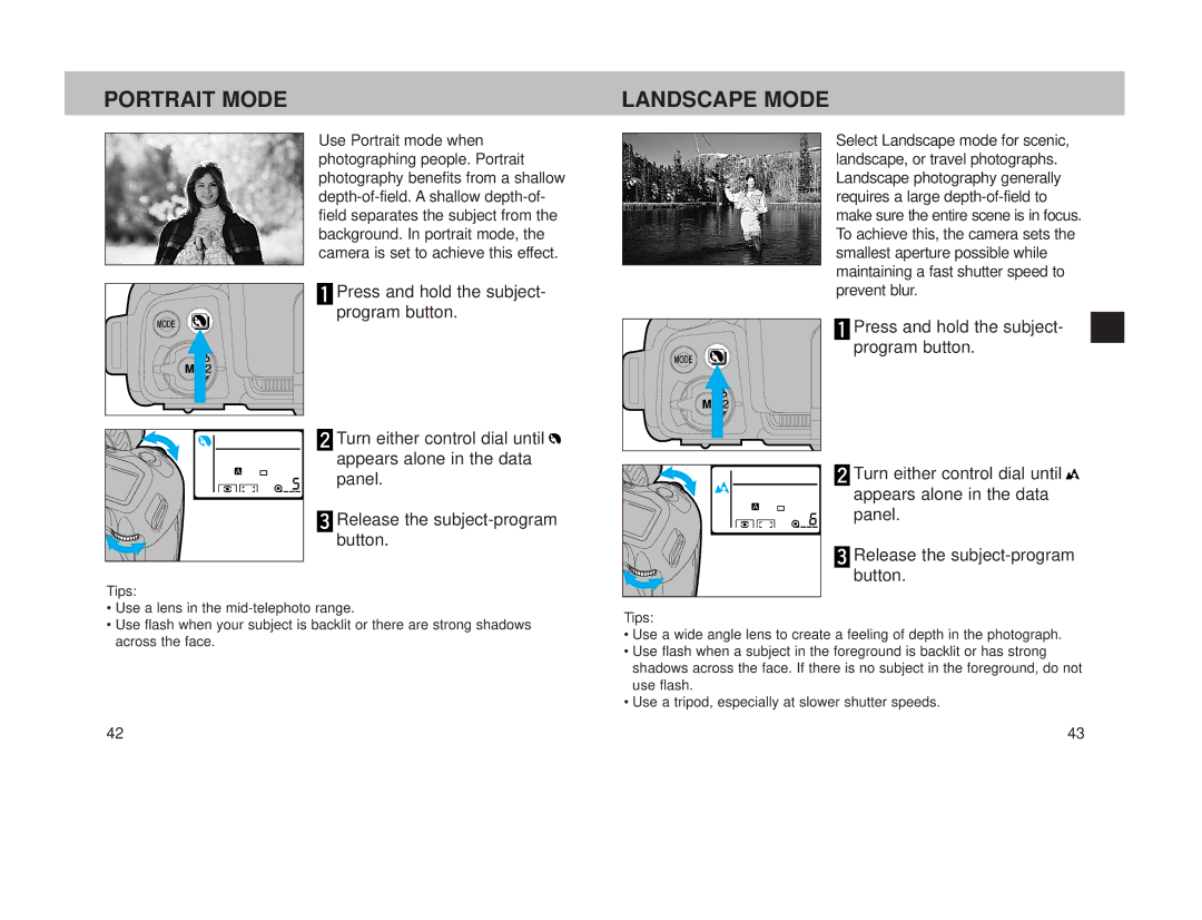 Minolta 800si instruction manual Portrait Mode, Landscape Mode 