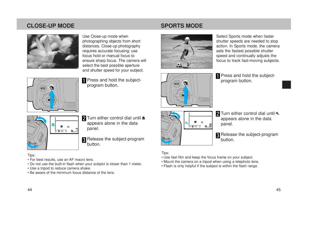 Minolta 800si instruction manual CLOSE-UP Mode, Sports Mode 