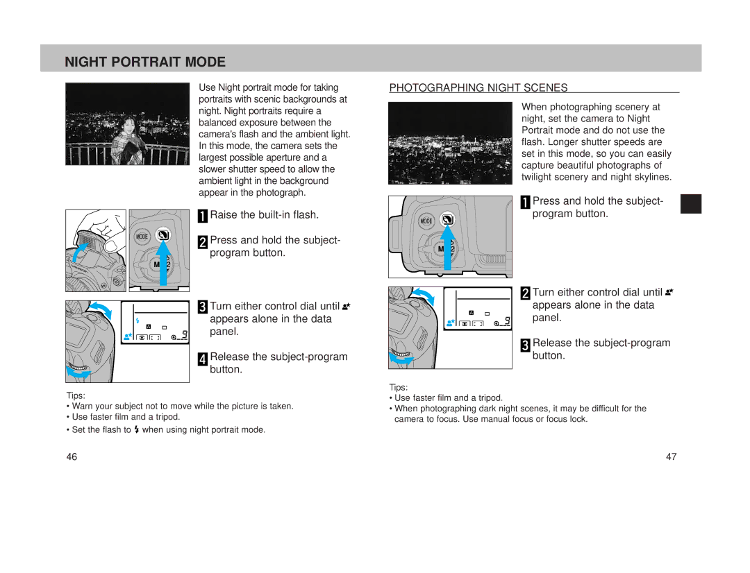 Minolta 800si instruction manual Night Portrait Mode, Photographing Night Scenes 