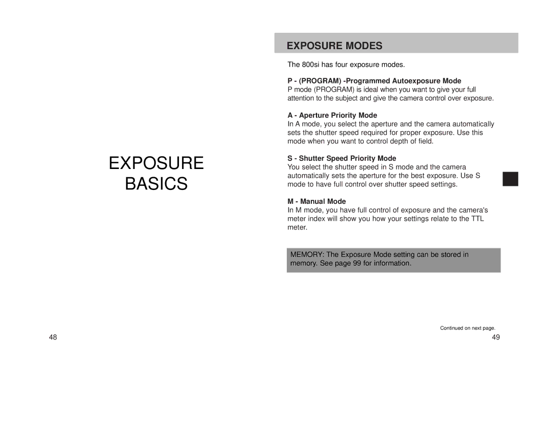 Minolta 800si instruction manual Exposure Basics, Exposure Modes 