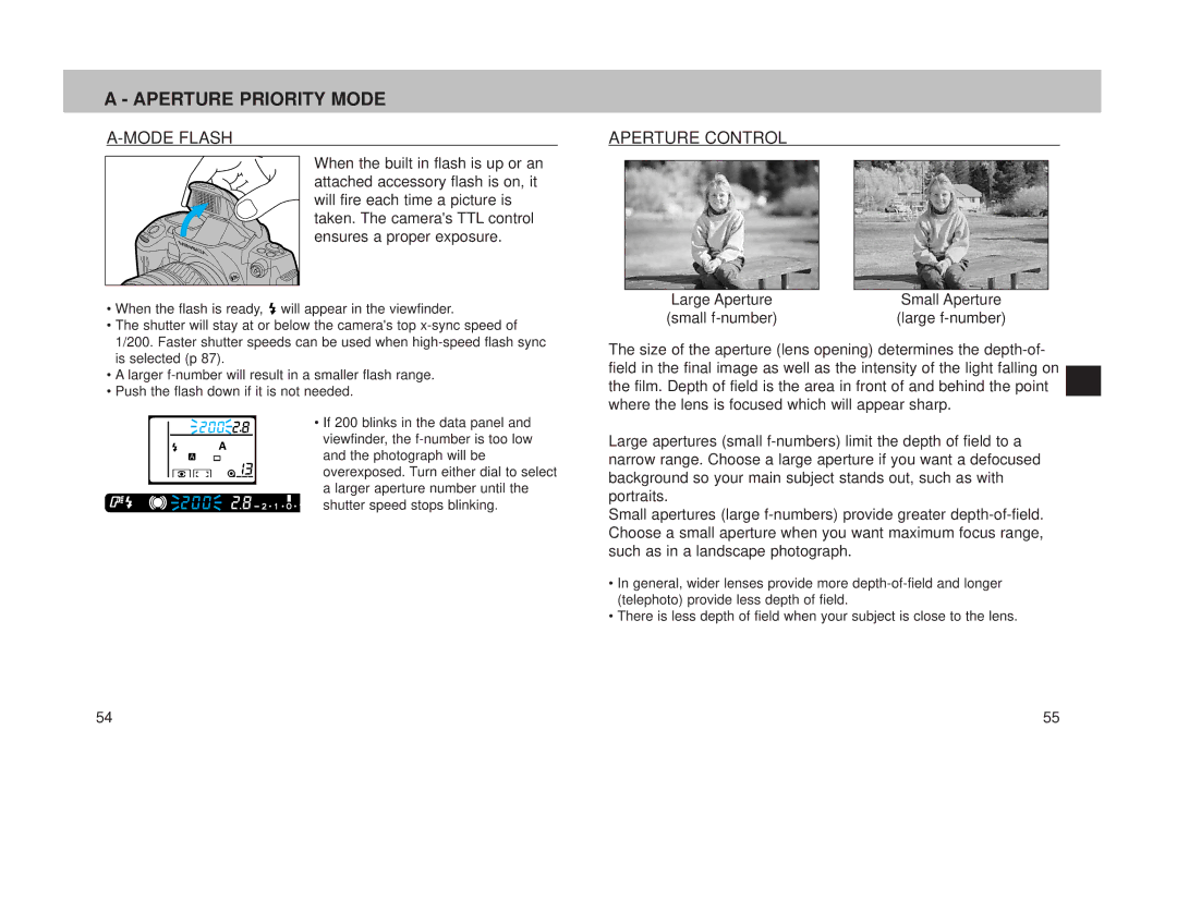 Minolta 800si instruction manual Aperture Priority Mode, Mode Flash, Aperture Control 