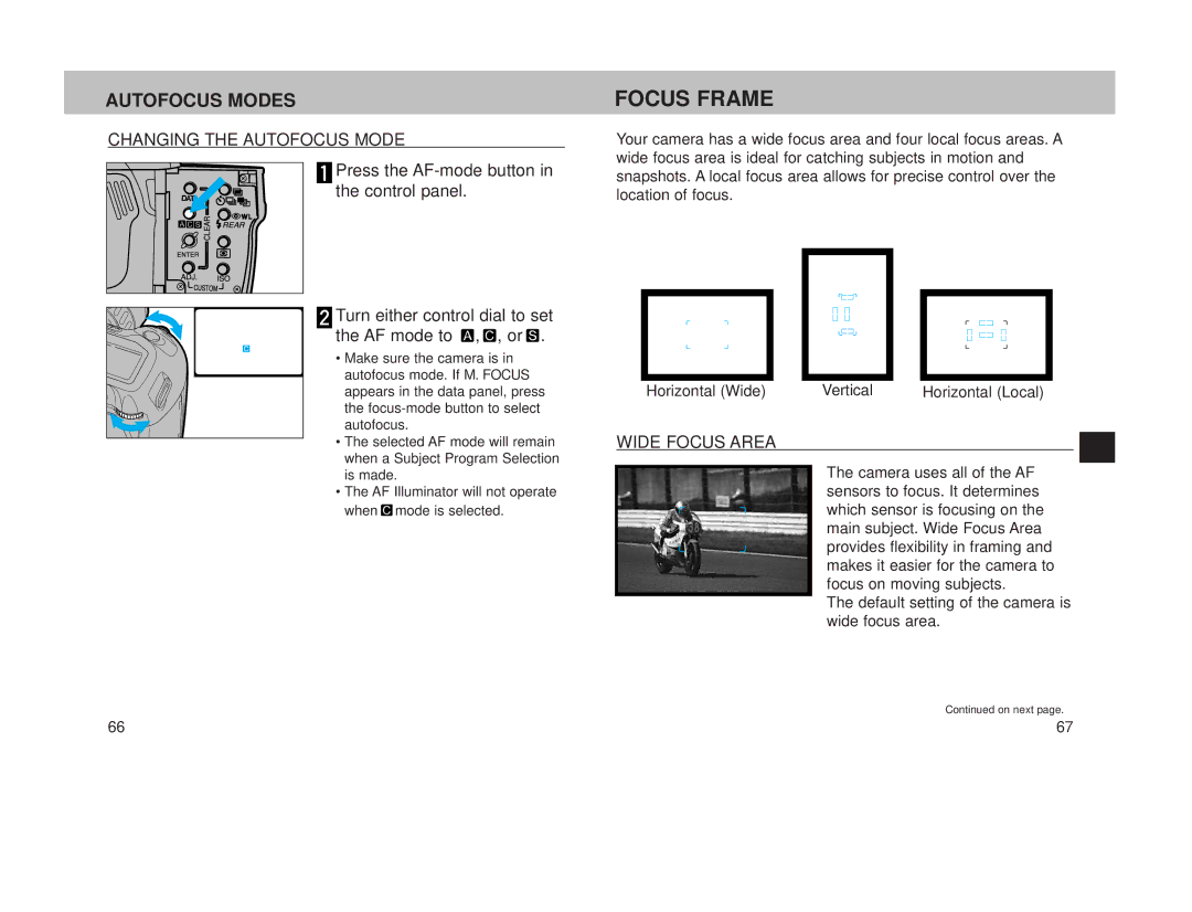 Minolta 800si instruction manual Focus Frame, Autofocus Modes, Changing the Autofocus Mode, Wide Focus Area 