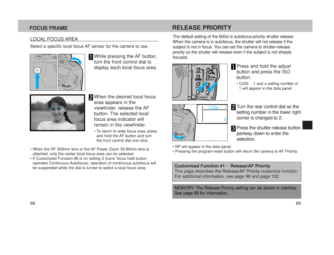 Minolta 800si Release Priority, Focus Frame, Local Focus Area, Press and hold the adjust button and press the ISO button 