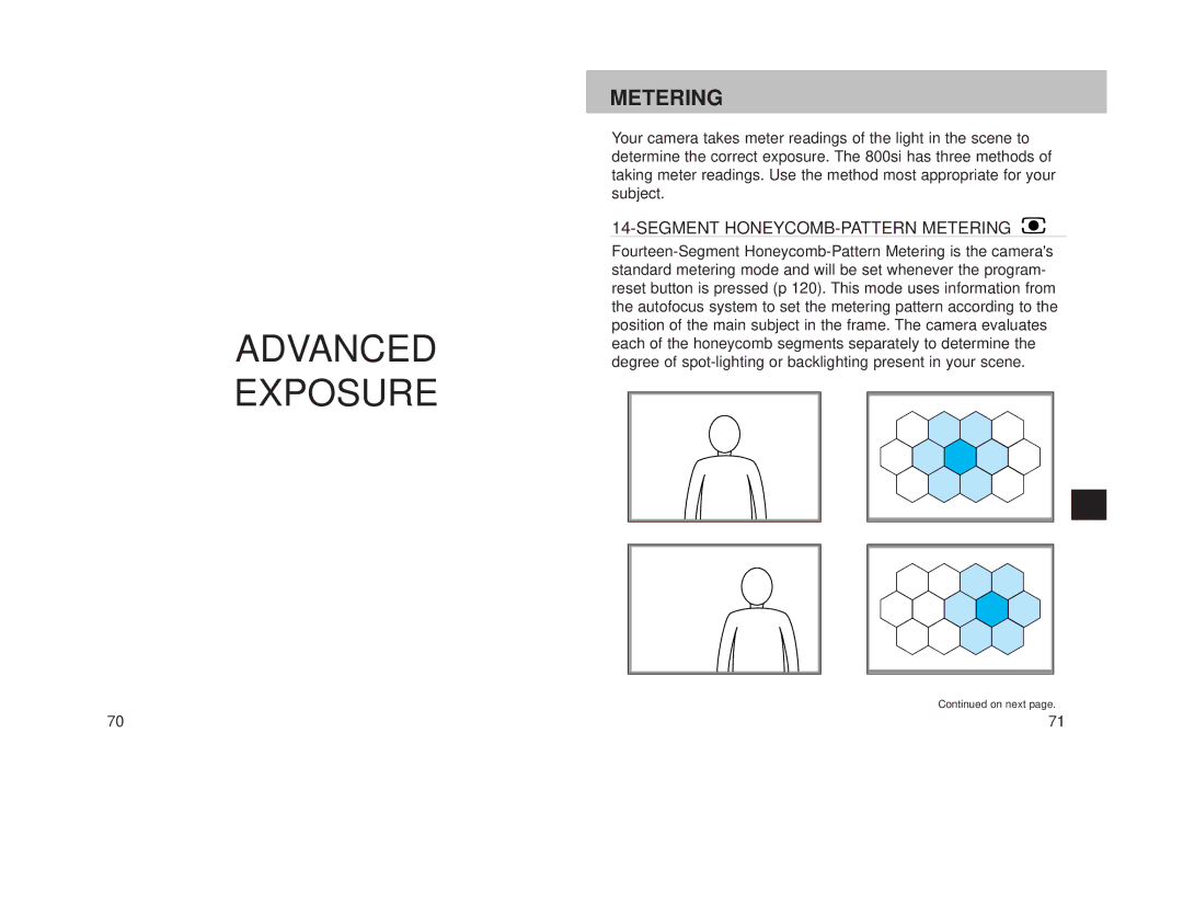 Minolta 800si instruction manual Advanced Exposure, Segment HONEYCOMB-PATTERN Metering 