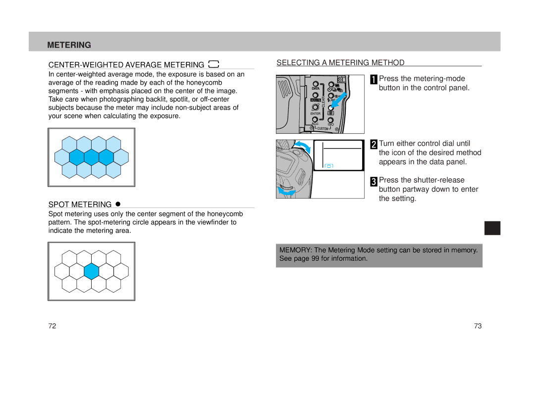 Minolta 800si instruction manual CENTER-WEIGHTED Average Metering, Selecting a Metering Method, Spot Metering 